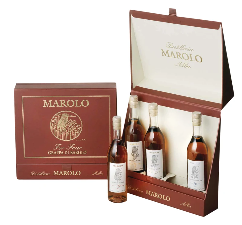 Marolo di Barolo 4 x 20cl (9 12 15 20 J.) Grappa 50° 80cl