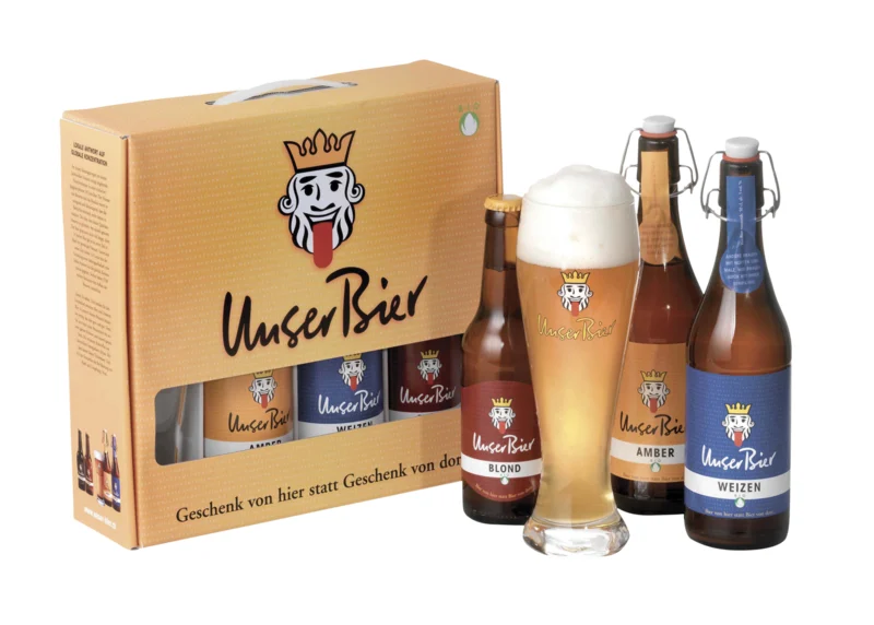 Unser Bier Geschenkkarton mit 3F Flaschen + 1 Glas GP 5° 1.33l