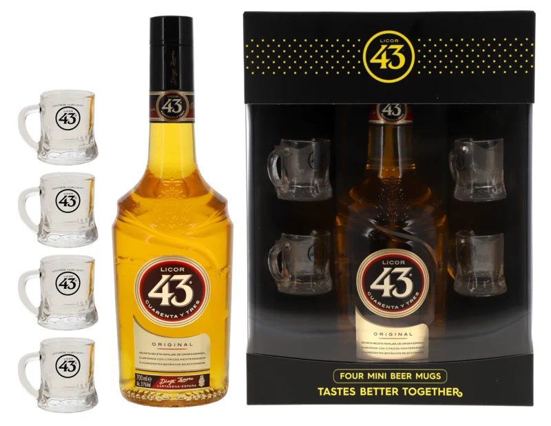 Zamora Conessa 43 Cuarenta y Tres Licor Geschenkpack mit 4 Mini-Beer Gläser Licor 31° 70cl