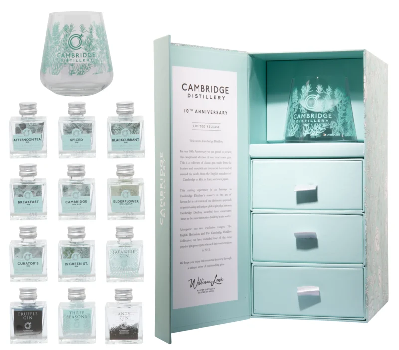 Cambridge Distillery 10 Year Anniversary Package 12x5cl und 1 Glas Gin 40° 60cl
