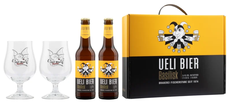 Brauerei Fischerstube Ueli Bier Basilisk Geschenkkoffer 2x33cl + 2 Gläser 5.4° 66cl