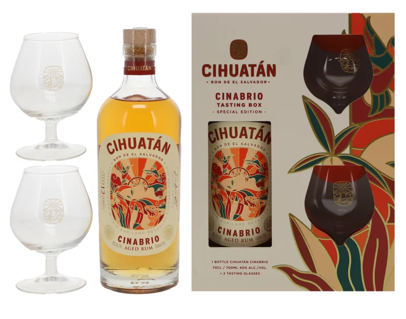 Cihuatán Cinabrio mit zwei Gläser 12 Años Ron 40° 70cl