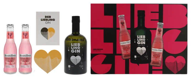 LieblingGin die BOX "Pinkfloyd" mit Tonic, Menu, Untersetzer, Flaschenöffner & Lemongrass & Ginger Gin 42° 50cl